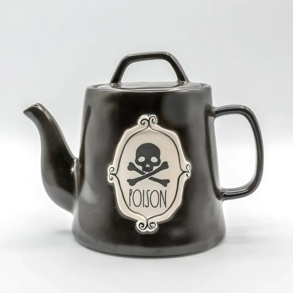 RAE DUNN Halloween Black Poison Teapot Skull Crossbones Witch Brew Ceramic